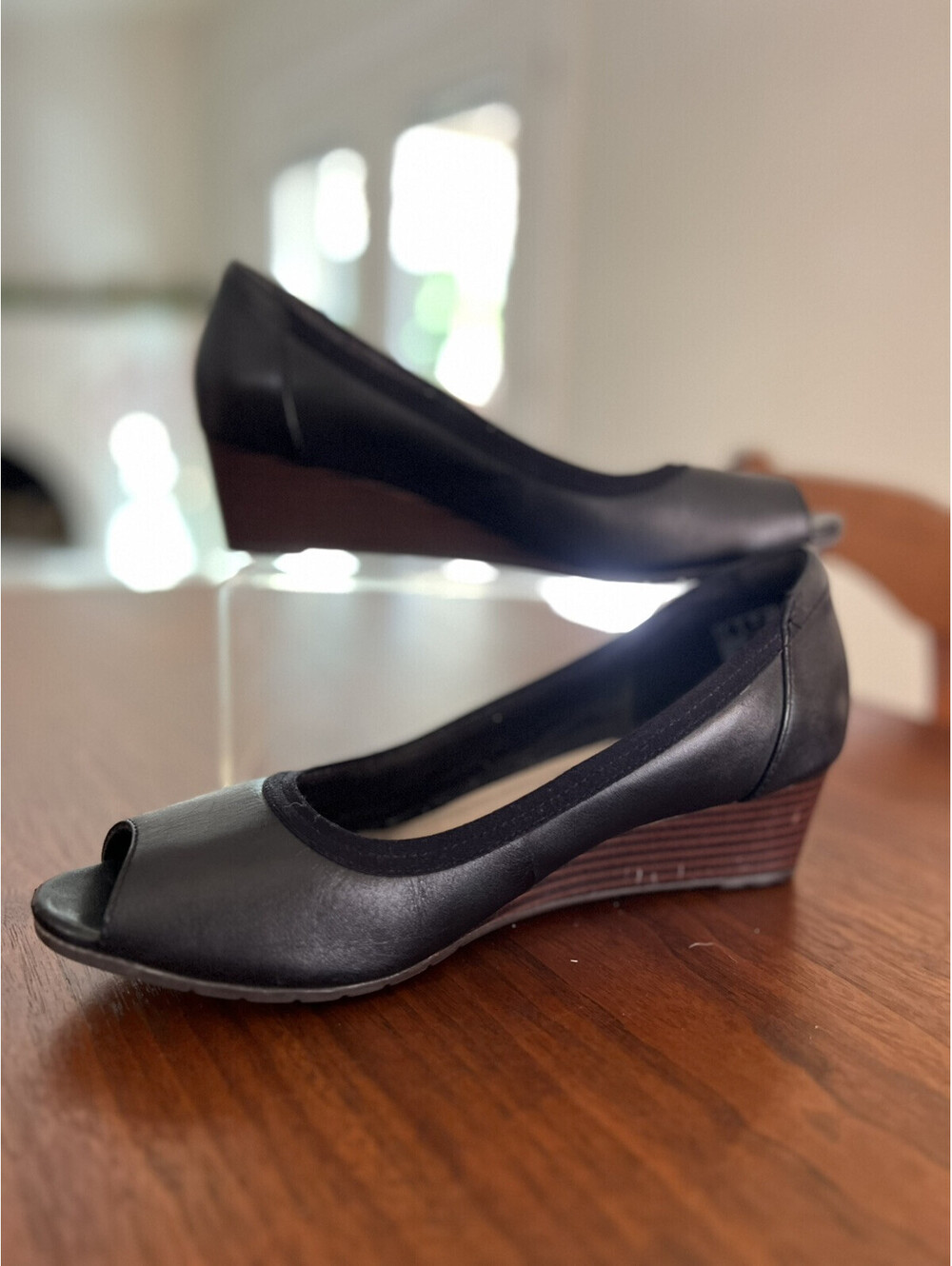 Clarks Women's Mallory Charm Wedge Black Slip On Peep Toe Comfort Shoe Size 8